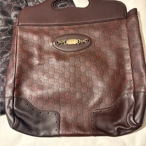 Gucci Brown Monogram Leather Messenger Bag with Gold-Tone Hardware